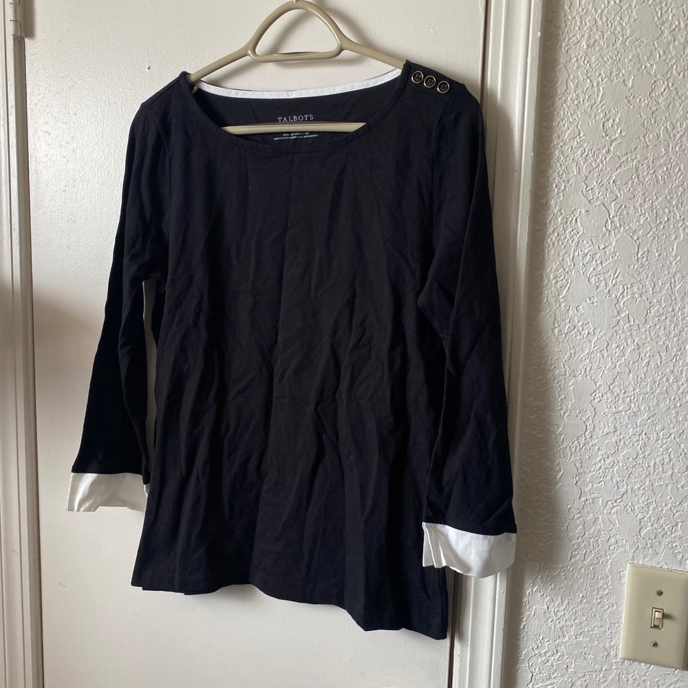 Talbots Womens Small‎ Black White Contrast Cuff Button Shoulder Cotton Knit Top